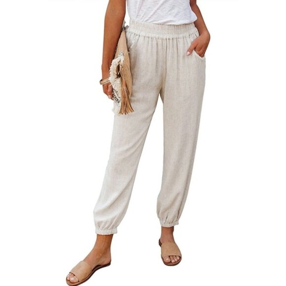 Paper-bag Waist Joggers with Pockets in Ivory - Picture 1 of 2